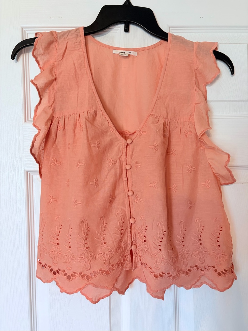 O'Neill Embroidered Eyelet Ruffle Top in Peach